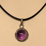 Silver Genuine Amethyst Pendant on Cord Necklace Approx. 3g