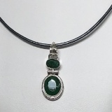 Silver Emerald Pendant on Cord Necklace Approx. 2.9g