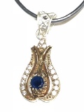 Silver Gold Plated Sapphire & CZ Lyre Pendant on Cord Necklace Approx. 6.8g