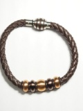 Stainless Steel Brown Leather Men's Bracelet w/ Beads