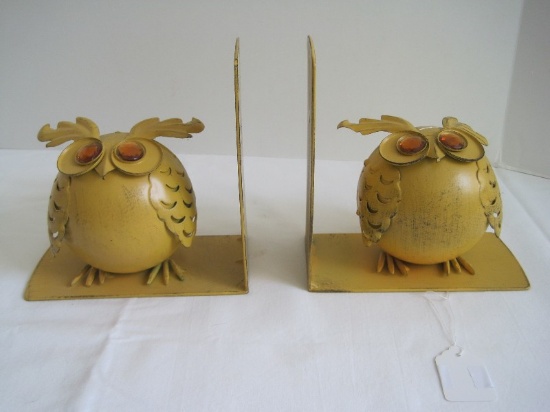 Pair - Retro Whimsical Metal Owl Figural Bookends w/ Multifaceted Amber Eyes