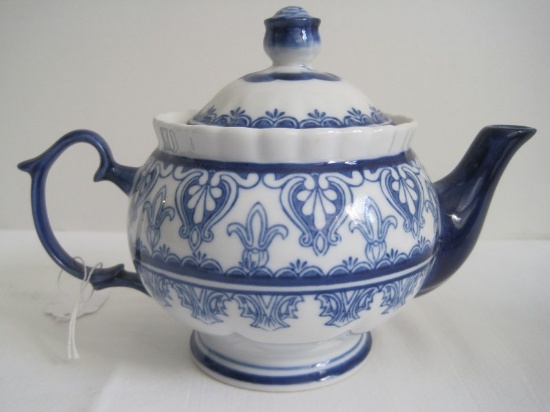 Pacific Rim China Hand Painted Teapot Cobalt French Fleur De Lis Design