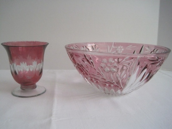 Ruby Flash-To-Clear Floral/Vertical Design Bowl & Footed Vase