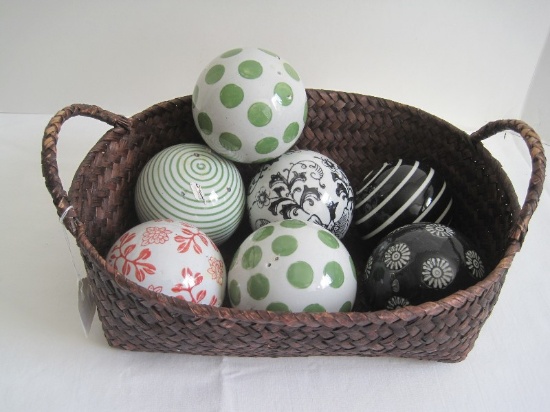 Woven Basket w/ 7 Semi-Porcelain Decorative Spheres