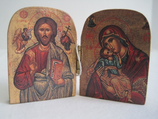 Religious Diptych Carved Wooden Travelling Icon Depicts Christ & Blessed Virgin Mary
