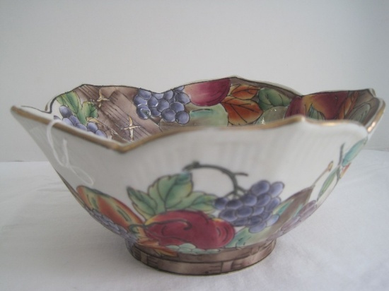 Semi-Porcelain Lotus Flower Form Bowl w/ Hand Painted Fruit Basket Pattern