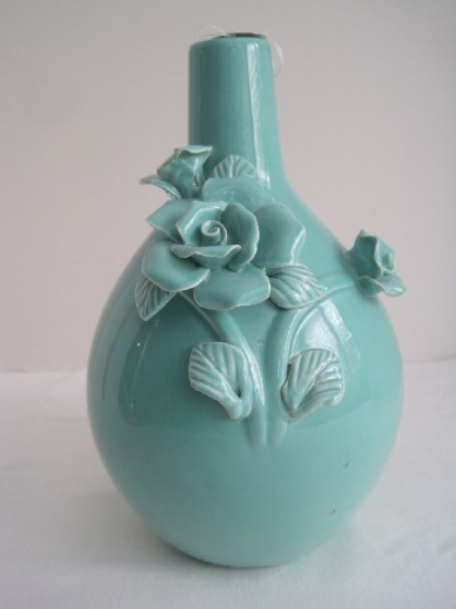 Three Hands Corp. Ceramic Saga Glaze Bulbous Shape Vase w/ Applied Stem Roses
