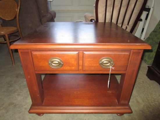 Broyhill Wooden Side Table 1 Drawer, 2 Hepplewhite Brass Pulls, Spindle Feet