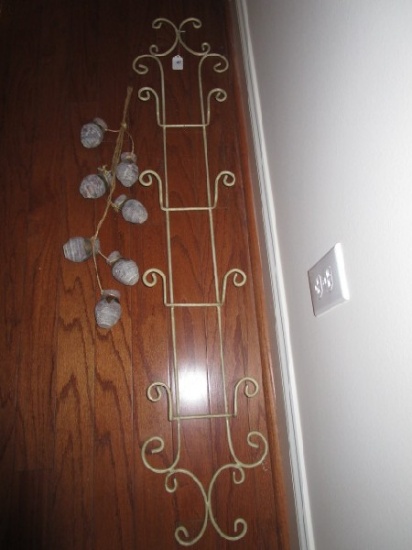 Wall Décor Lot - Curled 4-Armed Metal Plate Holder, 1 Ceramic Pots w/ Rope Motif