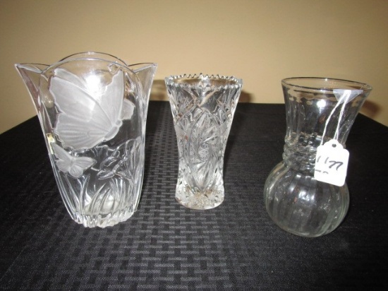 Glass Lot - Butterfly Etched Glass Vase, Hobstar Cut-Glass Vase, Ribbed/Rope Trim Glass Vase