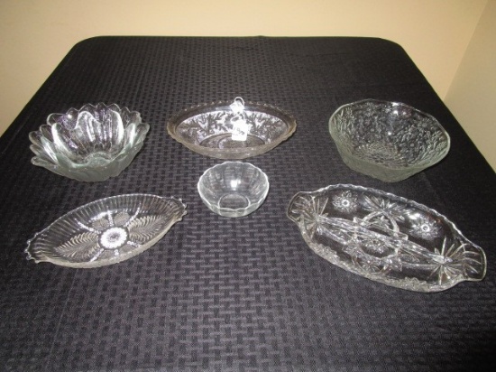 Lot - Oval Glass Trinket Plates Ornate Hobstar/Floral Motif Patterns, 4 Glass Bowls