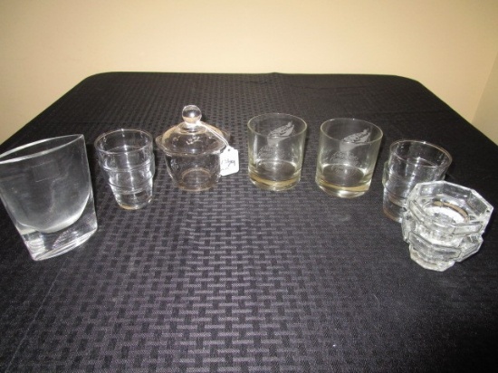 Misc. Glass Lot - 2 Cruse Whiskey Glasses, LSA Glass Vase, 2 Rose Pattern Sugar Dish, Etc.