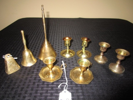 Brass Lot - 6 Candle Holders 2 1/2" H, 1 Brass Bell 7" H, 1 Brass Bell 5 1/2" H