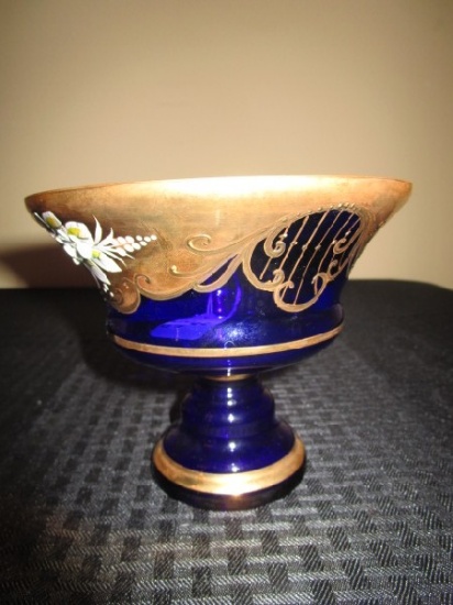 Ornate Blue Glass, Hand Painted Floral/Lyre Motif Pattern Raised Bowl