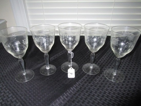 5 Rose-Floral Etched Glass Wine Goblets