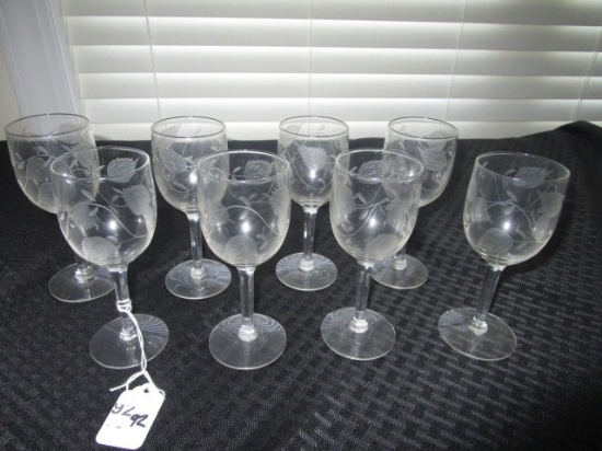 8 Floral Etched Cut Glass Sherry Glasses