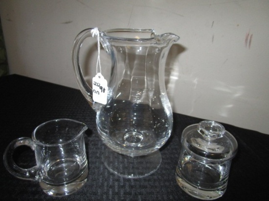 Glass Ribbed Pitcher w/ Handle 8 1/4" H, w/ Creamer/Sugar