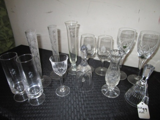 Misc. Glass Lot - Crystal/Cut Glass Wine Glasses, 2 Crystal Glass Bells, Bud Vases, Etc.