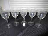 5 Rose-Floral Etched Glass Wine Goblets