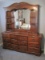 American Traditional Pine Triple Dresser w/ Framed Mirror Flanked by Display Shelves