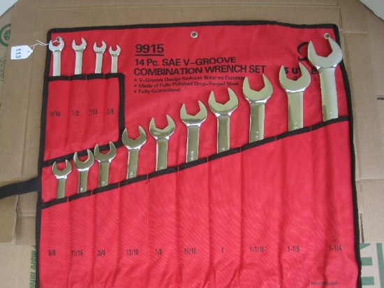 Sunex Tools 14 Piece SAEV-Groove Combination Wrench Set w/ Roll Up Storage Bag