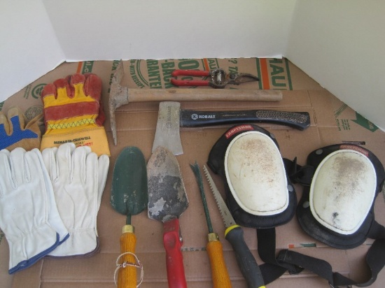 Bucket w/ Misc. Gardening Tools, Gloves, Knee Pads, Kobalt Hatchet, Diggers, Saw, Etc.