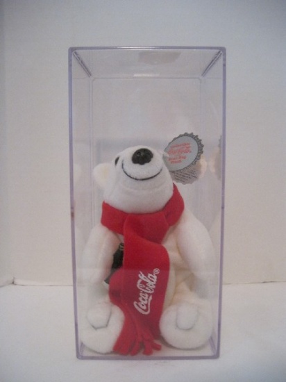 Collectible Coca-Cola Bean Bag Plush Toy Polar Bear w/ Coke Bottle in Display Case