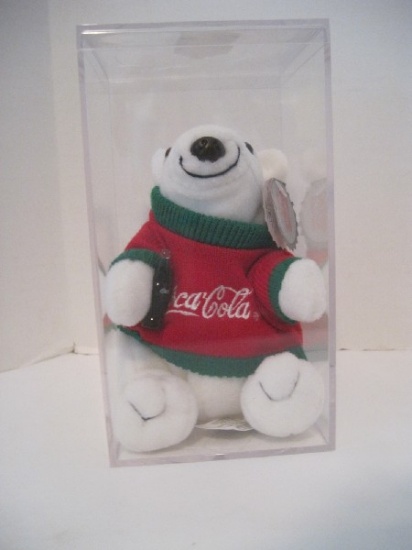 Collectible Coca-Cola Bean Bag Plush Polar Bear Wearing Sweater w/ Bottle in Display Case