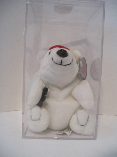 Collectible Coca-Cola Bean Bag Plush Polar Bear Wearing A Baseball Cap w/ Coke Bottle