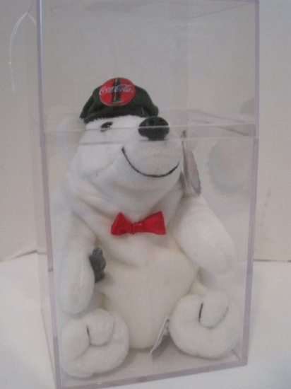Collectible Coca-Cola Bean Bag Plush Polar Bear Wearing A Cap w/ Coke Bottle in Display Case