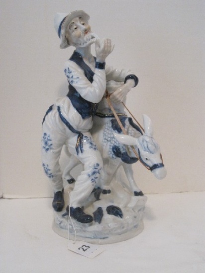 F.E.I. Inc. Porcelain Blue/White Elderly Man Going to Market w/ Burro Figurine