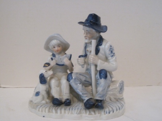 F.E.I. Inc. Blue/White Porcelain Grandfather/Girl Eating Watermelon Sitting on A Log Figurine