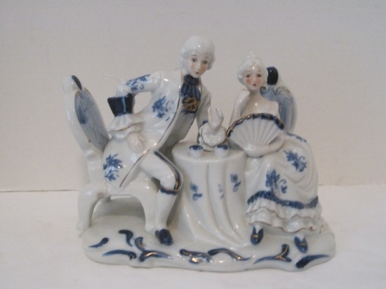 Victorian Couple Having Tea Sitting at Table Blue/White Porcelain Figurine