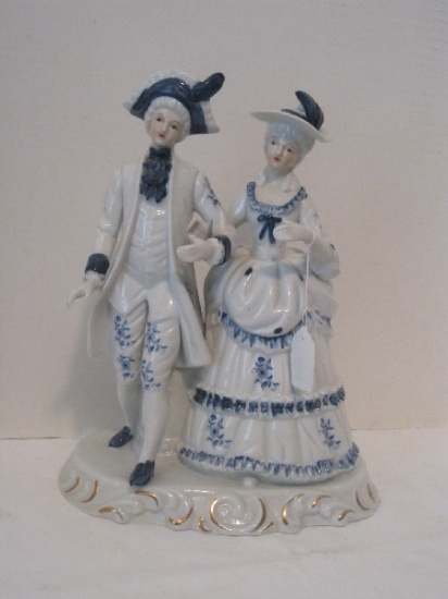 Distinguished Victorian Gentleman Escorting Lady Blue/White Porcelain Figurine