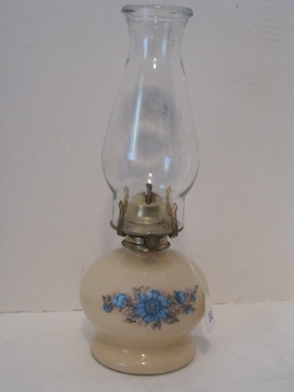 Lamplight Farms Case Glass Oil Lamp w/ Blue Floral Spray Transfer & Clear Glass Chimney
