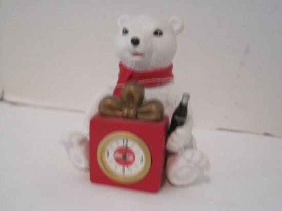 2001 Coca-Cola Co. Miniature Polar Bear Figure w/ Clock Present & Coke Bottle