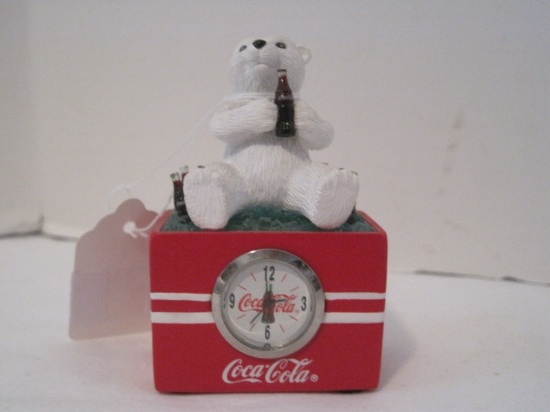 2001 Coca-Cola Co. Miniature Polar Bear Sitting on Clock Cooler Filled w/ Cokes