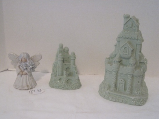 Lot - 2 Green Glitter Sand Castles & K's Collection Angel w/ Floral Bouquet