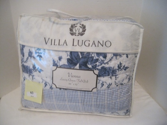 Villa Lugano Vienna Luxury Queen/Full Quilt 88" x 92" Blue Floral Design