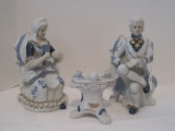 Victorian Couple Having Tea Blue/White Porcelain Figurines Lace Accent