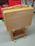 Set - 4 Oak Folding T.V. Trays w/ Center Handle Stand