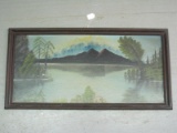 Oil on Artist Board Landscape Mountain Lake Scene in Black Frame
