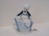 Blue/White Porcelain Mother Watching Over Baby Sleeping in Cradle