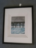 Pier w/ Waves Rolling in Gray Clouds Background in Black Shadow Box Style Frame