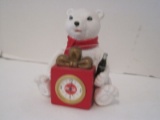 2001 Coca-Cola Co. Miniature Polar Bear Figure w/ Clock Present & Coke Bottle