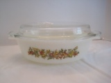 Anchor Hocking Vegetables Pattern Milk Glass Covered Casserole 1.5qt.