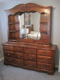 American Traditional Pine Triple Dresser w/ Framed Mirror Flanked by Display Shelves