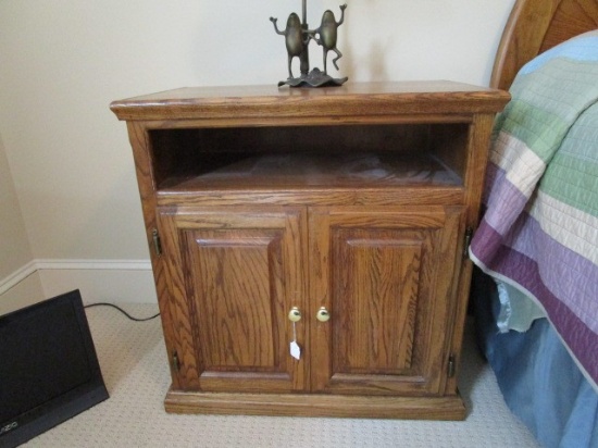 Wooden Side Table w/ 2 Hutch Doors, 1 Shelf Brass Pulls