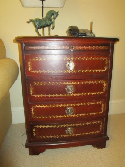 Wooden 4 Drawer Side Cabinet Ornate Metal Pulls Acanthus Leaf Hand-Painted Pattern