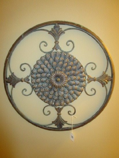 Pair - Brass Wall Hanging Décor, 1 w/ Round Sunflower/Scalloped/Curled Design 21"